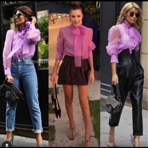 Zara Lavender Sheer Bow-Tie Blouse - Picture 8 of 16